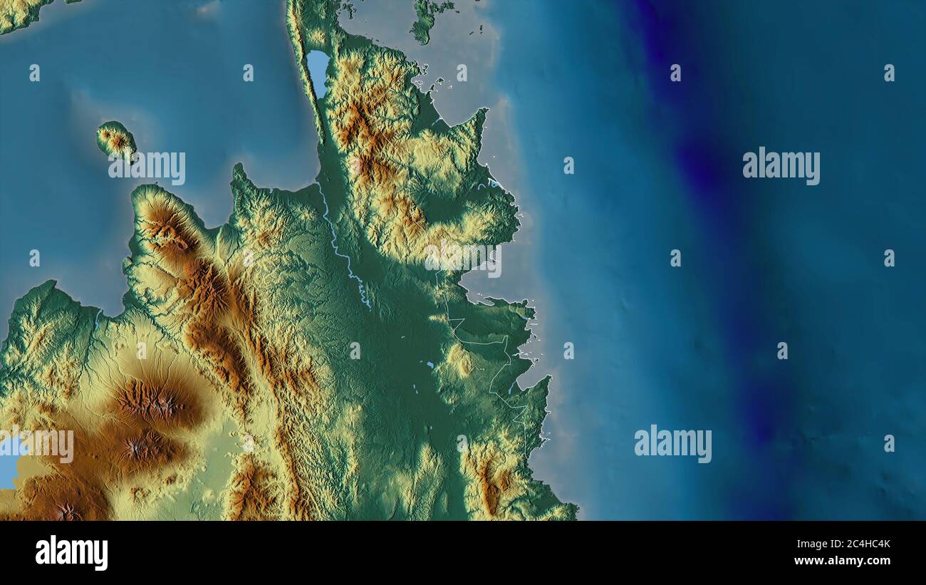 Surigao del Sur, province of Philippines. Colored relief with lakes and rivers. Shape outlined against its country area. 3D rendering Stock Photo