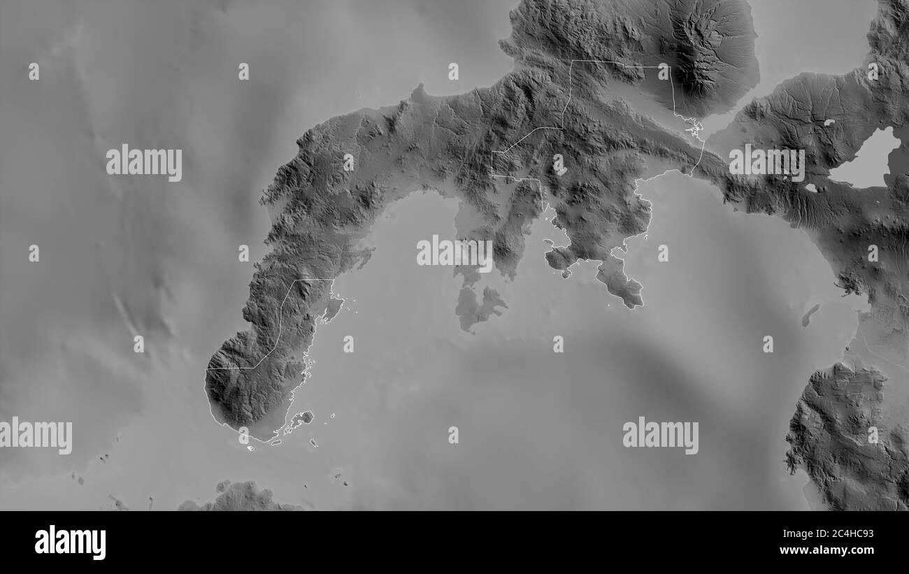 Zamboanga del Sur, province of Philippines. Grayscaled map with lakes and rivers. Shape outlined against its country area. 3D rendering Stock Photo