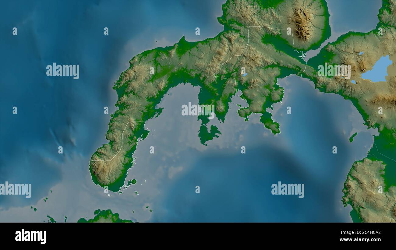 Zamboanga del Sur, province of Philippines. Colored shader data with lakes and rivers. Shape outlined against its country area. 3D rendering Stock Photo