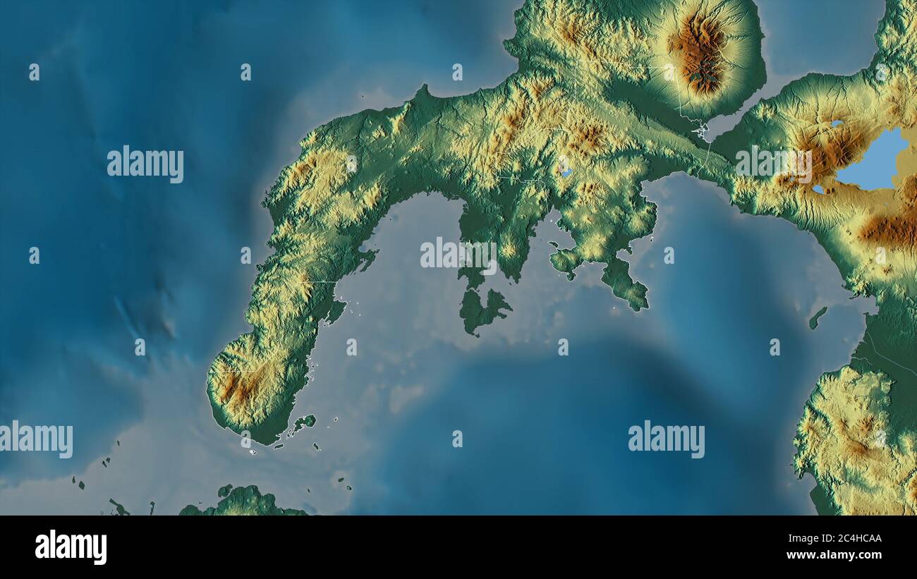 Zamboanga del Sur, province of Philippines. Colored relief with lakes and rivers. Shape outlined against its country area. 3D rendering Stock Photo