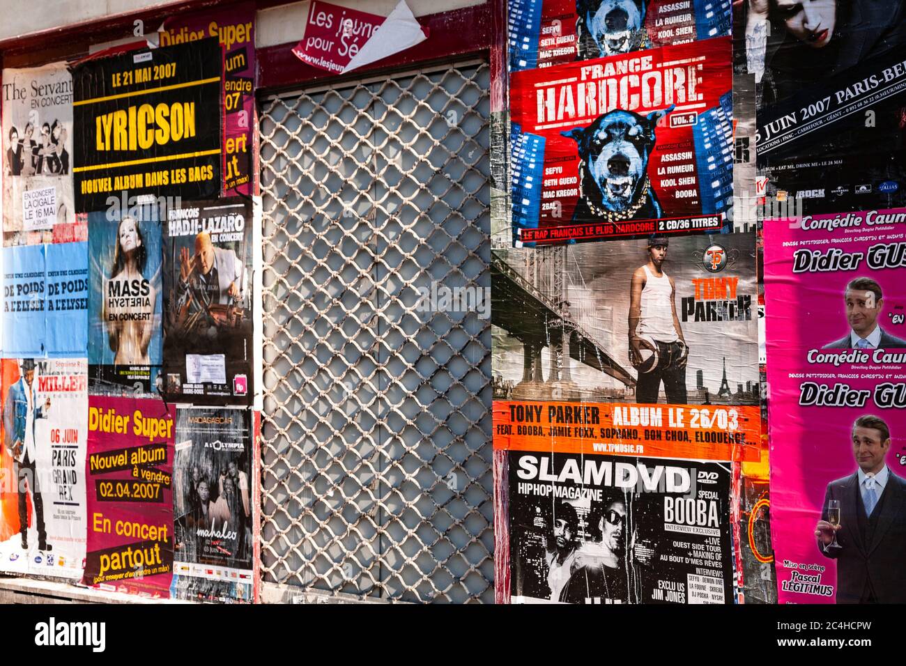 Music posters on a shopfront, Paris, France Stock Photo