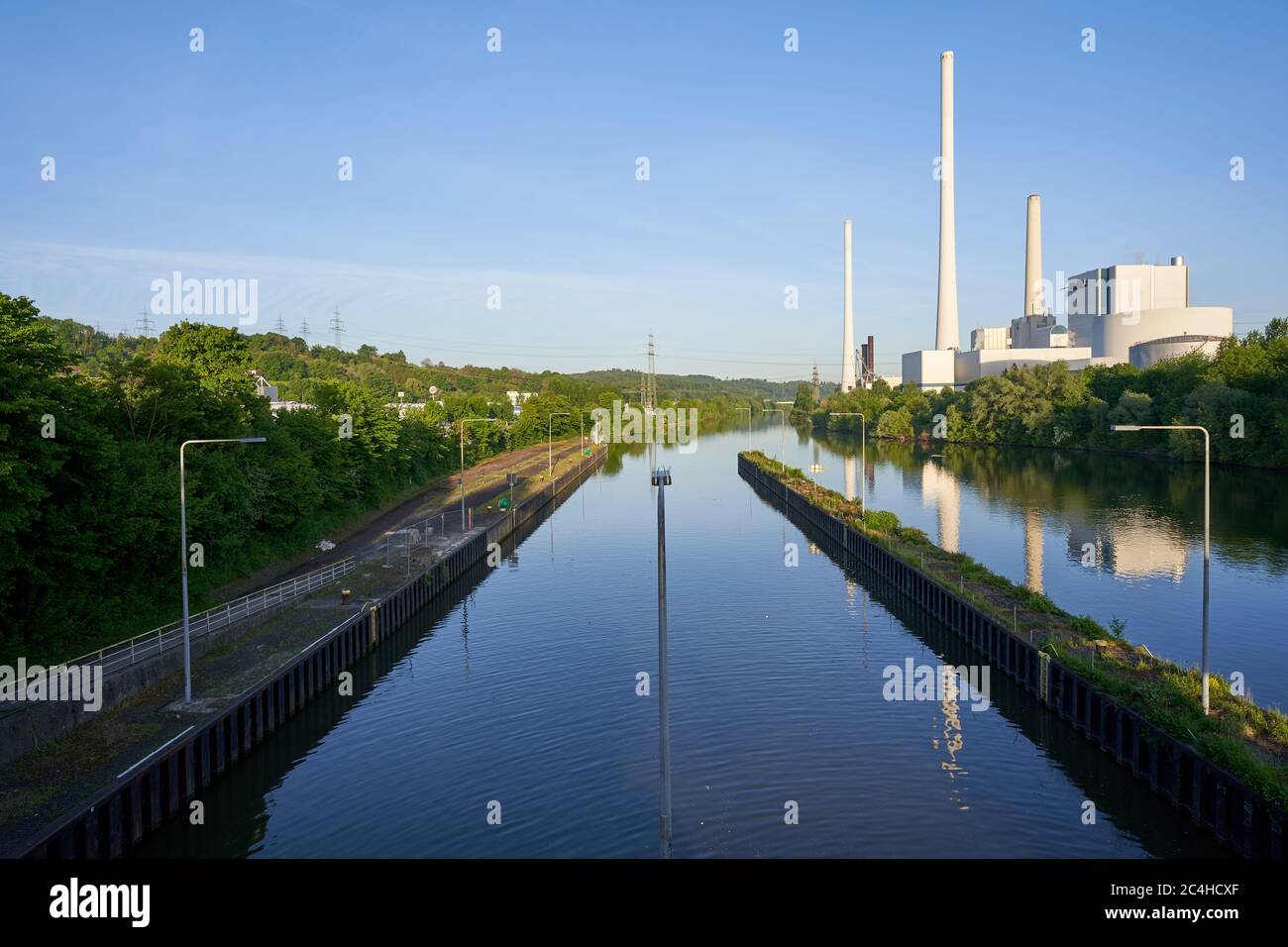 Altbach, Germany - May 08, 2020: The Altbach / Deizisau thermal power station is a hard coal-fired power station in Baden-Wuerttemberg. Stock Photo