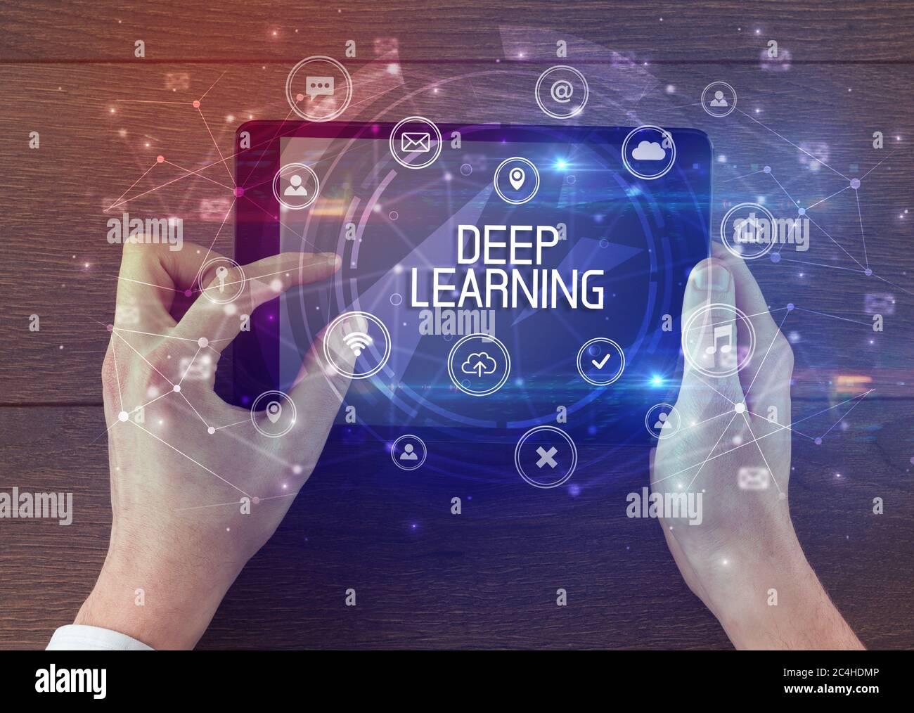 Close-up of a tablet with DEEP LEARNING inscription, innovative ...