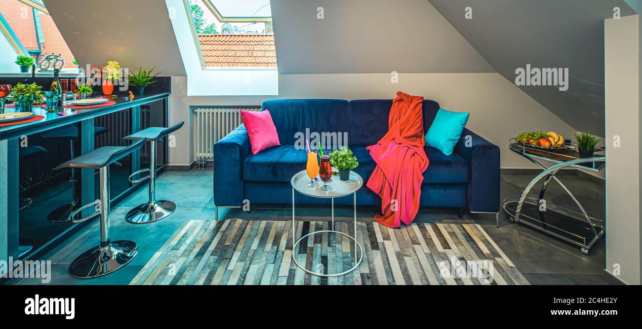 Modern loft interior of luxury studio apartment. Sloping ceiling with ...