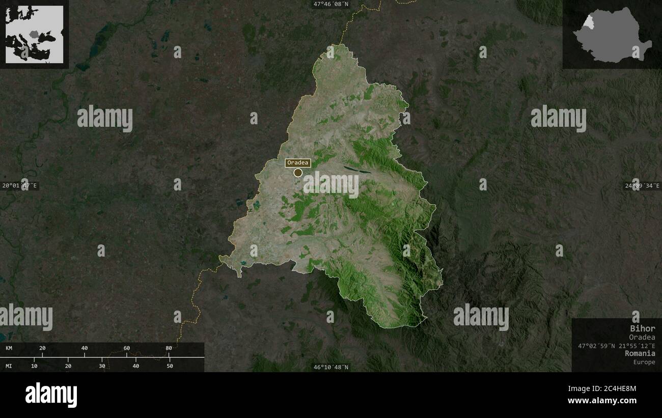 Bihor, county of Romania. Satellite imagery. Shape presented against its country area with informative overlays. 3D rendering Stock Photo