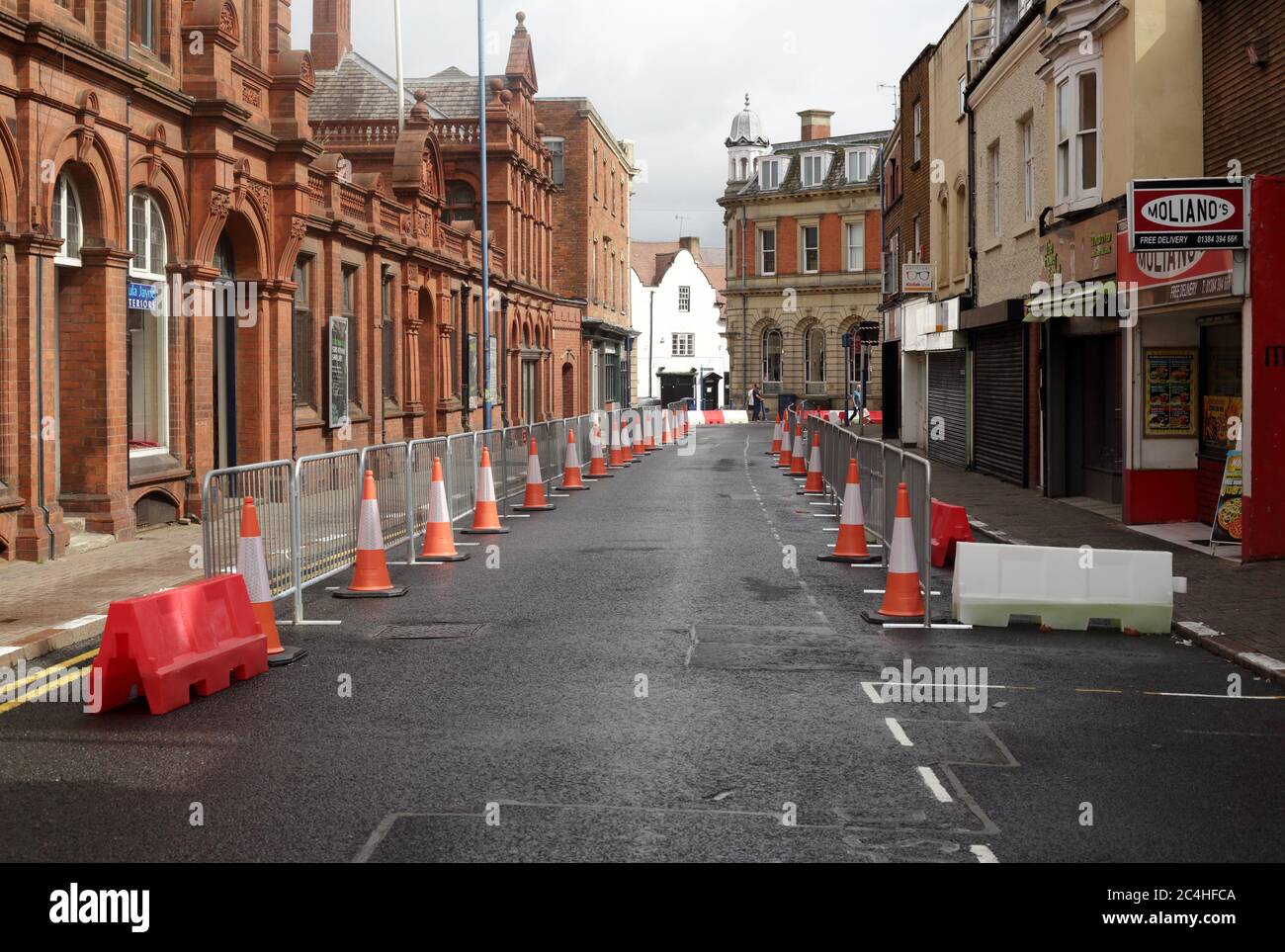 Barriers erected in Stourbridge town centre to allow for social distancing for pedestrians. Stock Photo