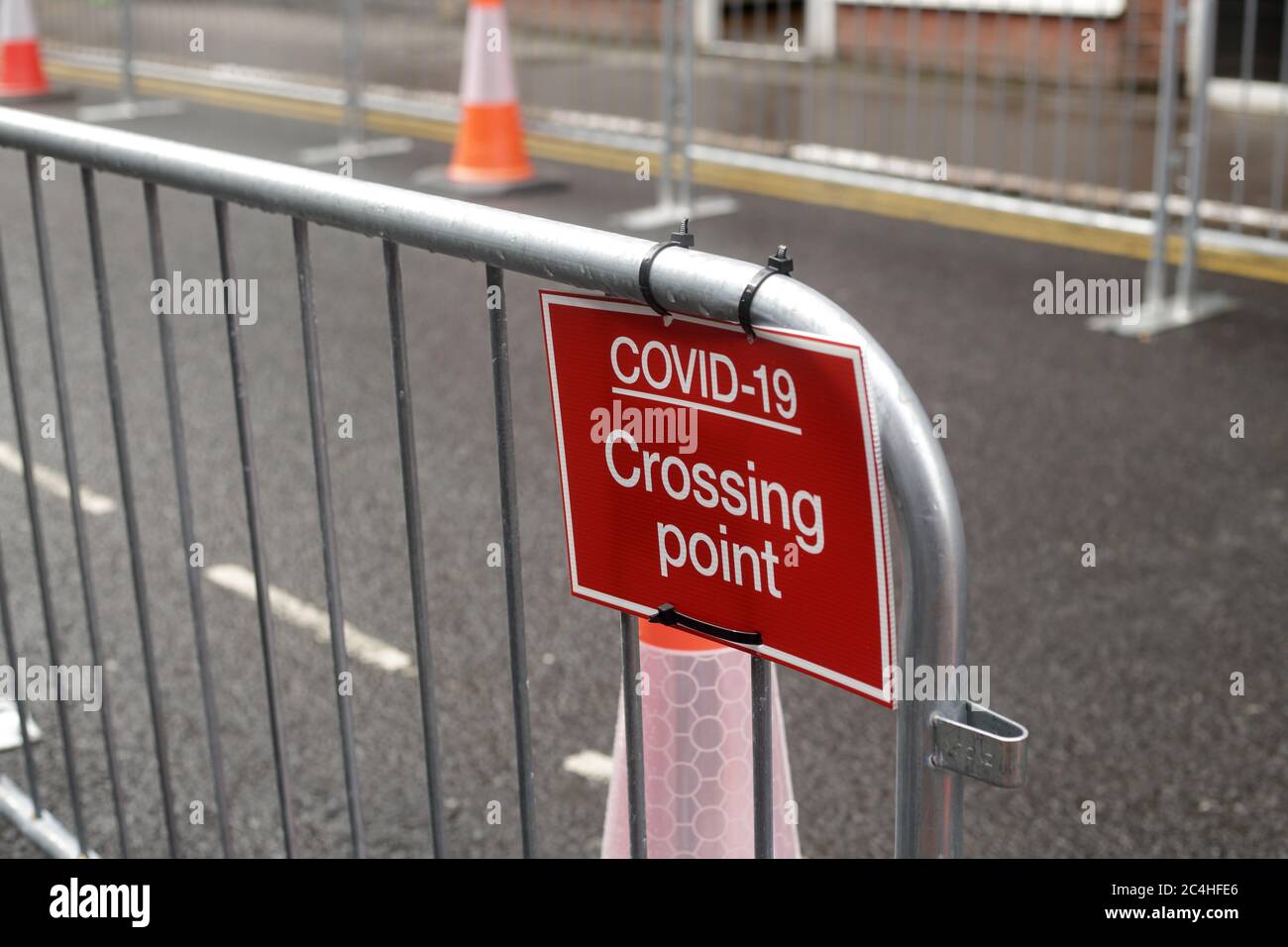 Barriers erected in Stourbridge town centre to allow for social distancing for pedestrians. Stock Photo