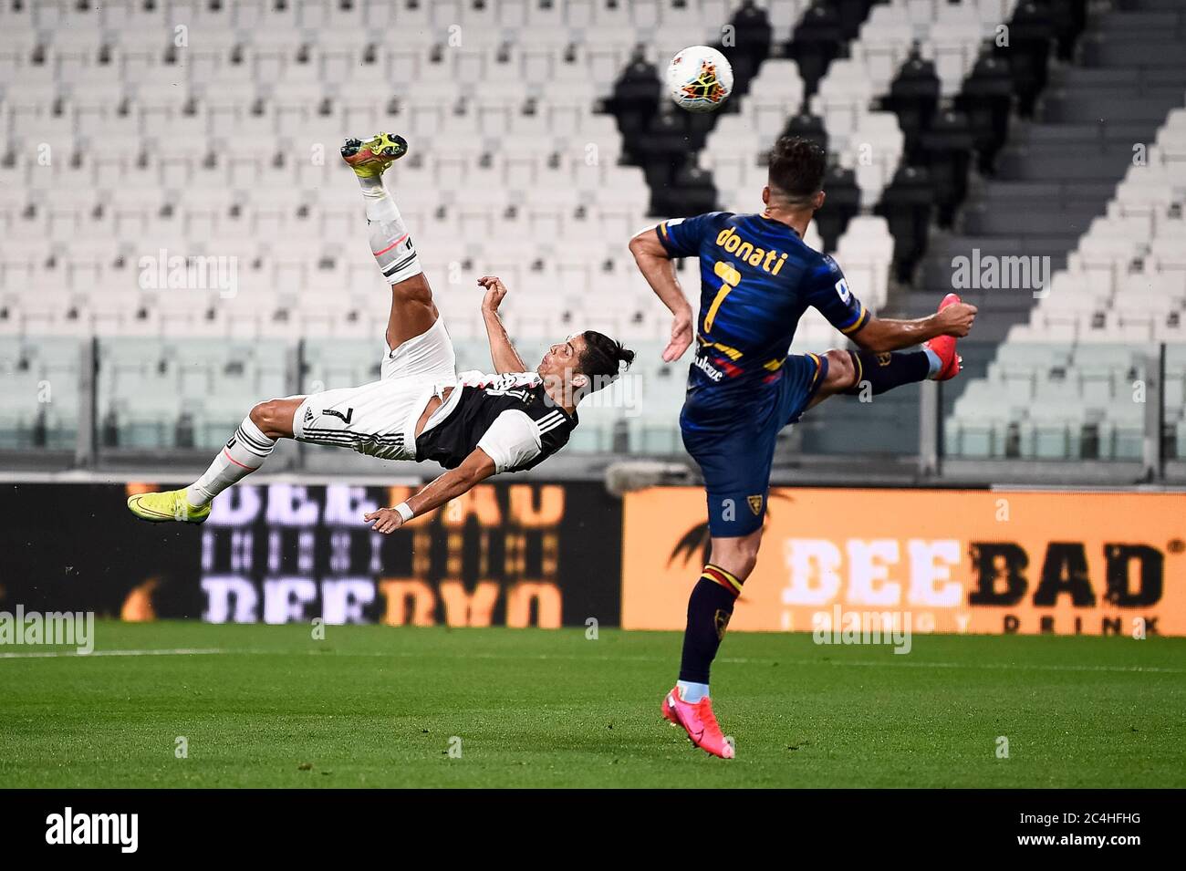 Turin, Italy - 26 June, 2020: Cristiano Ronaldo of Juventus FC attempts a bicycle kick during the Serie A football match between Juventus FC and US Lecce. Juventus FC won 4-0 over US Lecce. Credit: Nicolò Campo/Alamy Live News Stock Photo