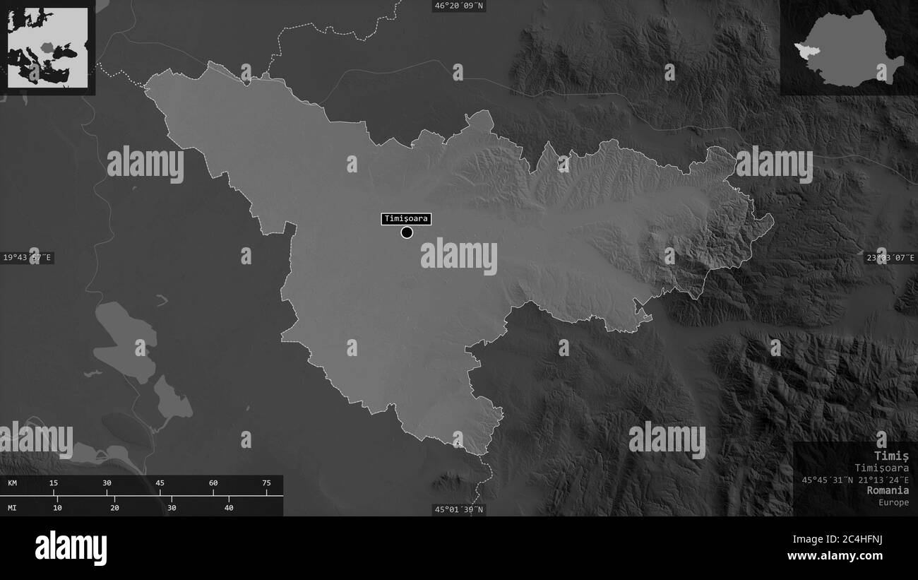 Timiș, county of Romania. Grayscaled map with lakes and rivers. Shape ...