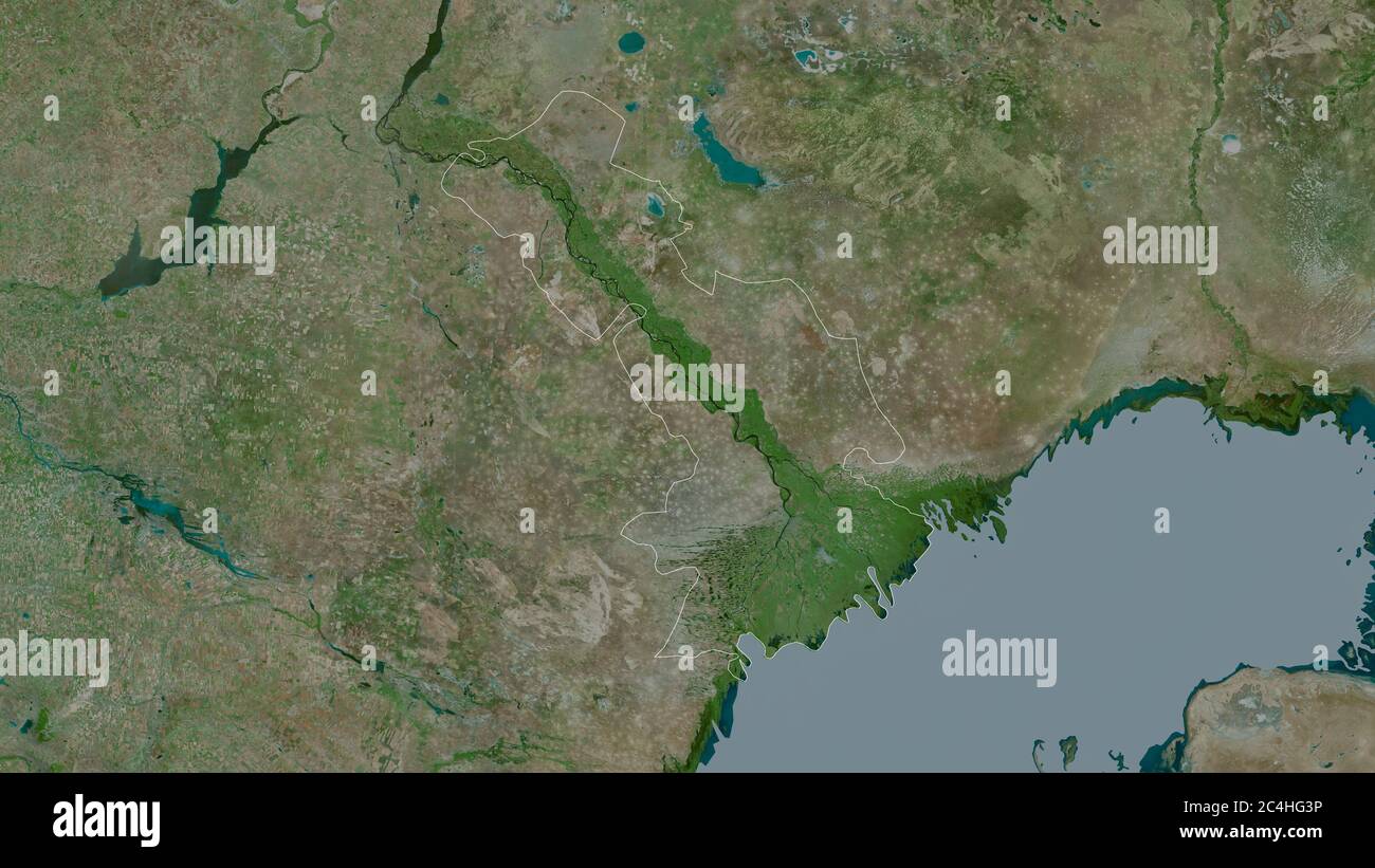 Astrakhan', region of Russia. Satellite imagery. Shape outlined against its country area. 3D rendering Stock Photo