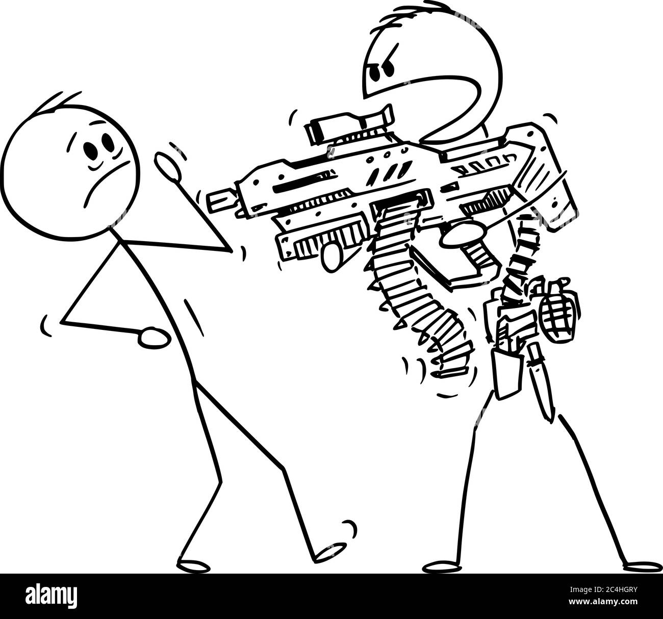 Vector cartoon stick figure drawing conceptual illustration of heavily armed man with generic futuristic weapon threatening unarmed man. Stock Vector