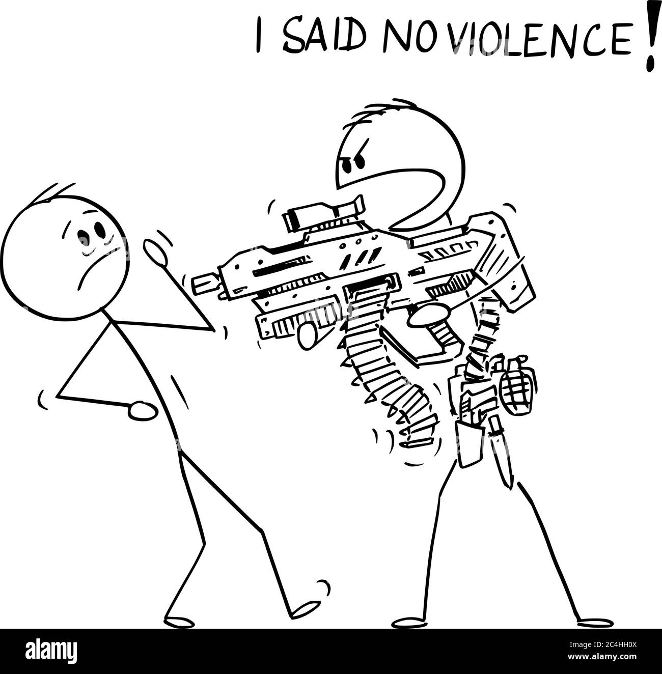 Vector cartoon stick figure drawing conceptual illustration of heavily armed man with generic futuristic weapon threatening unarmed man and saying I said no violence. Stock Vector