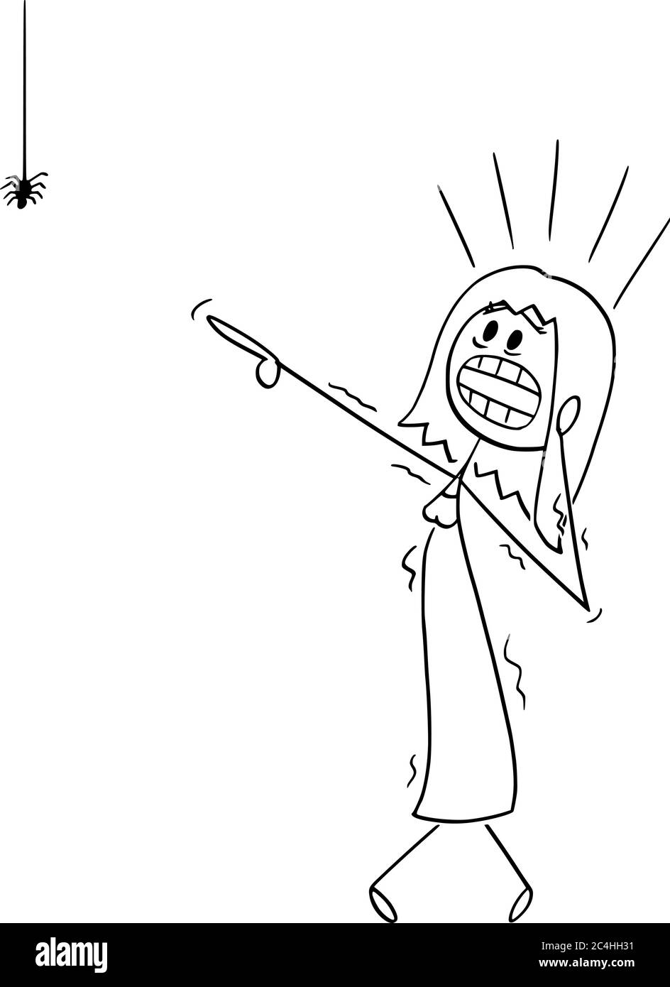 Vector cartoon stick figure drawing conceptual illustration of frightened woman or girl with arachnophobia watching small spider and undergoes panic attack. Stock Vector