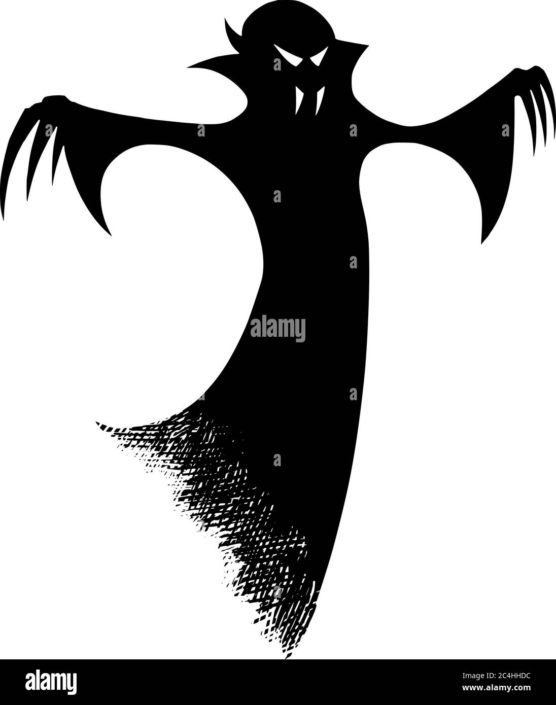 Vector drawing illustration of black silhouette of creepy or spooky Halloween ghost or undead vampire on white background. Stock Vector