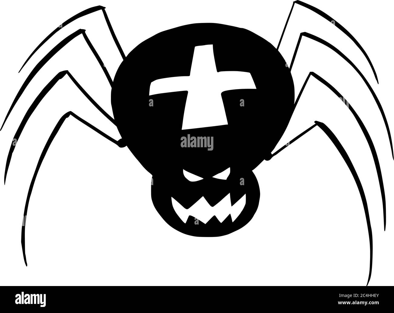 Vector drawing illustration of black silhouette of creepy or spooky Halloween spider on white background. Stock Vector