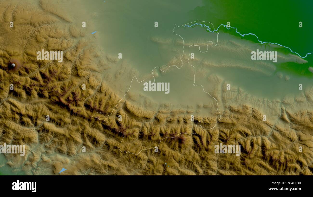 North Ossetia, republic of Russia. Colored shader data with lakes and rivers. Shape outlined against its country area. 3D rendering Stock Photo