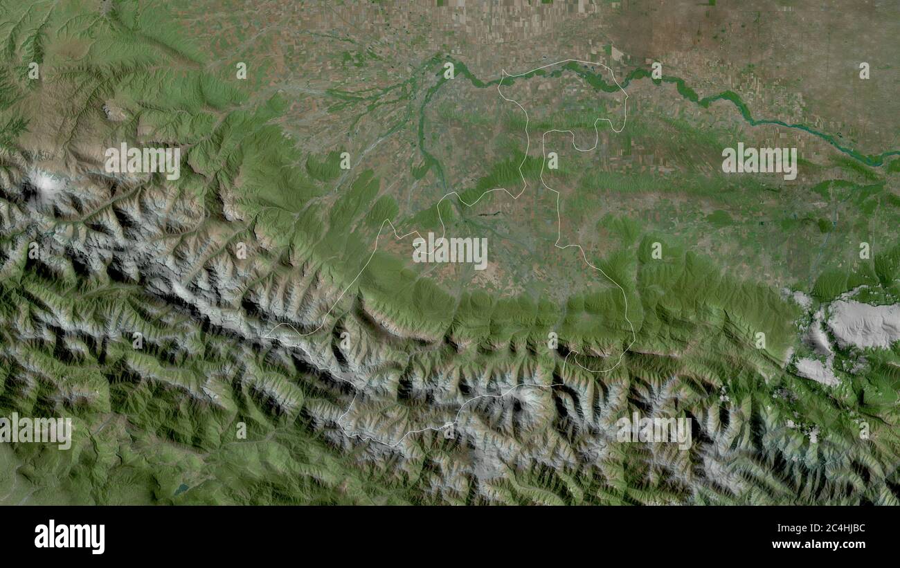 North Ossetia, republic of Russia. Satellite imagery. Shape outlined against its country area. 3D rendering Stock Photo