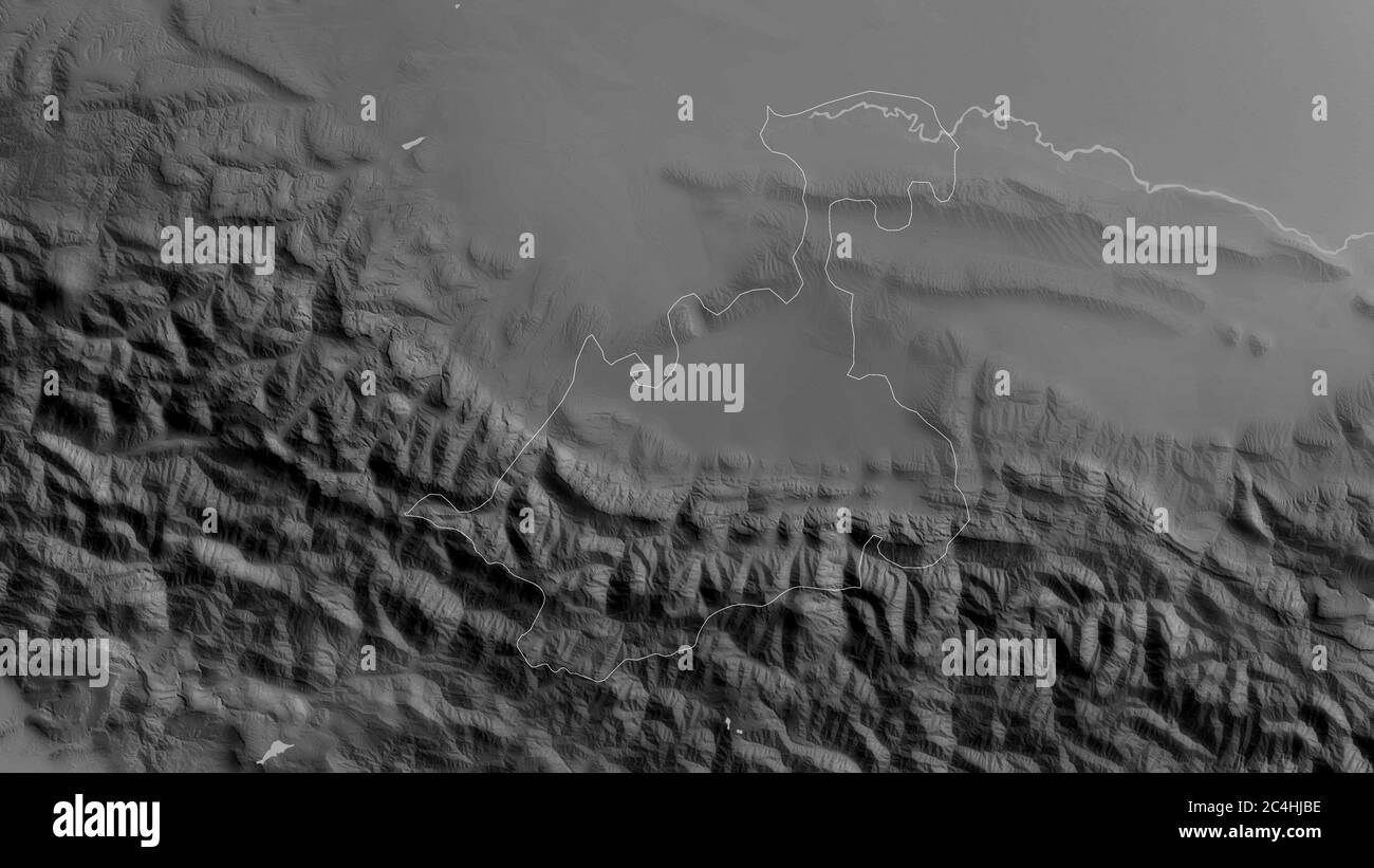 North Ossetia, republic of Russia. Grayscaled map with lakes and rivers. Shape outlined against its country area. 3D rendering Stock Photo