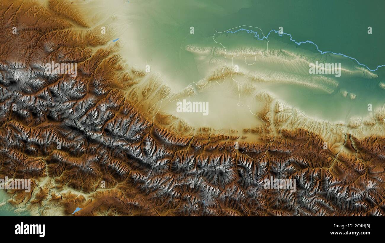 North Ossetia, republic of Russia. Colored relief with lakes and rivers. Shape outlined against its country area. 3D rendering Stock Photo