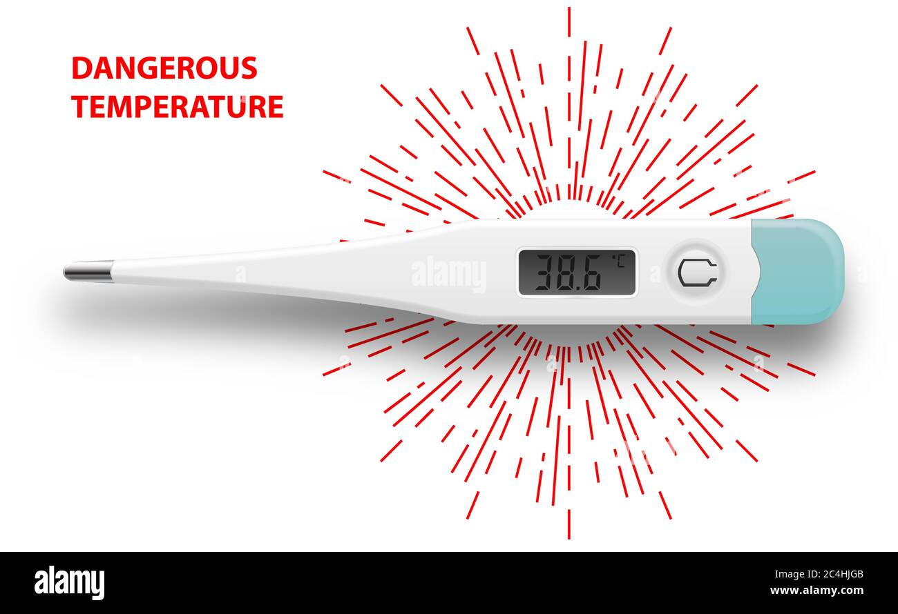 Digital thermometer lies horizontally. Shows dangerous temperature 38.6 degrees Celsius. Realistic object isolated on white background with diverging Stock Vector
