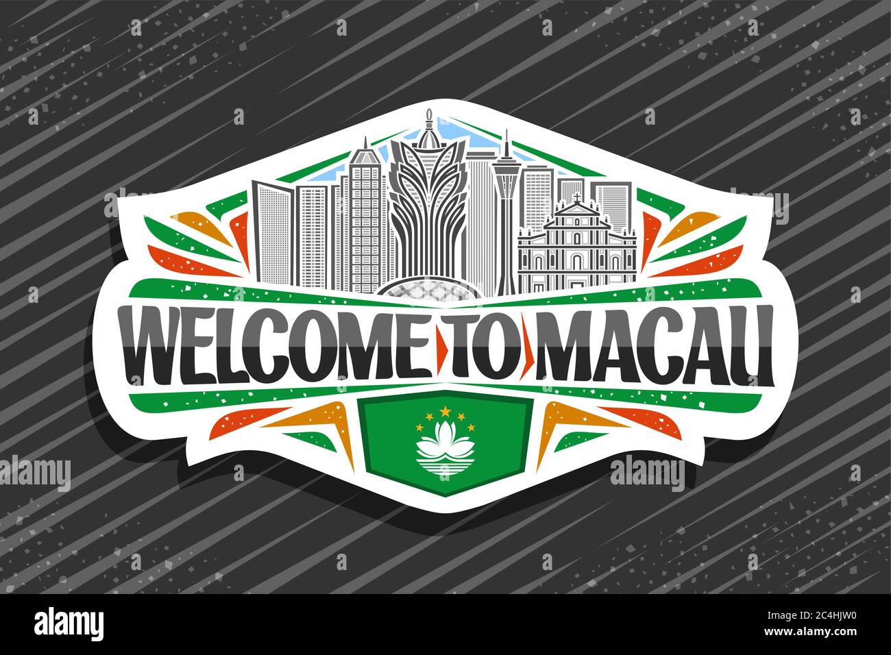 Vector logo for Macau, white decorative sticker with outline illustration of modern macau city scape on day sky background, tourist fridge magnet with Stock Vector