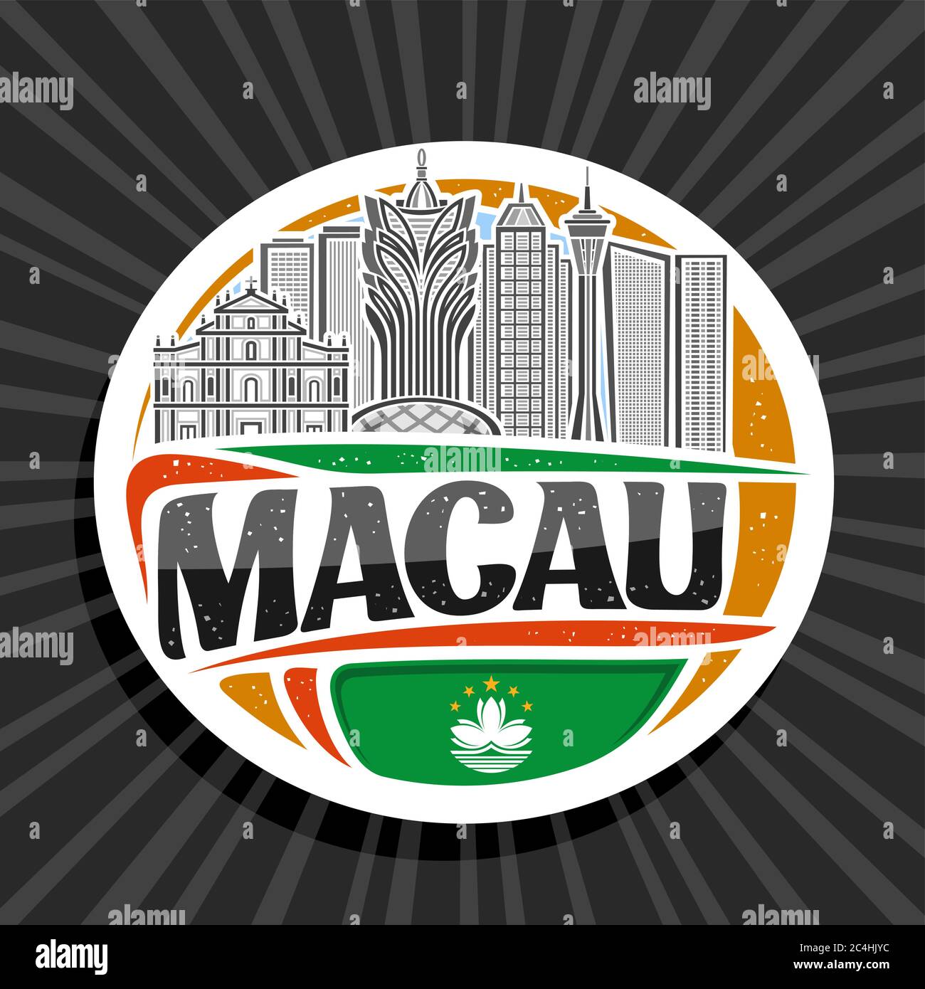Vector logo for Macau, white decorative round tag with line illustration of famous macau city scape on day sky background, art design tourist fridge m Stock Vector