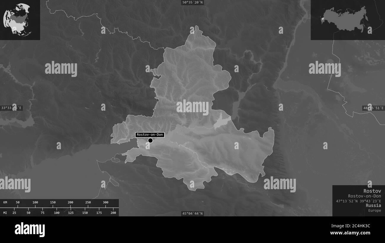 Rostov, region of Russia. Grayscaled map with lakes and rivers. Shape presented against its country area with informative overlays. 3D rendering Stock Photo