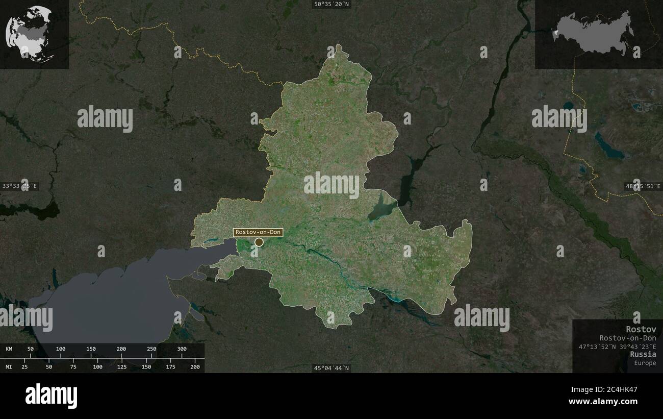 Rostov, region of Russia. Satellite imagery. Shape presented against its country area with informative overlays. 3D rendering Stock Photo