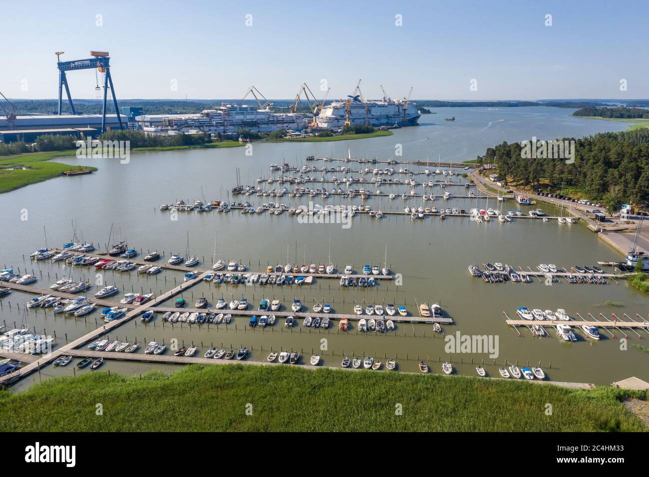 Aerial view of Raisio Marina and Meyer Turku Shipyard in summer Stock Photo
