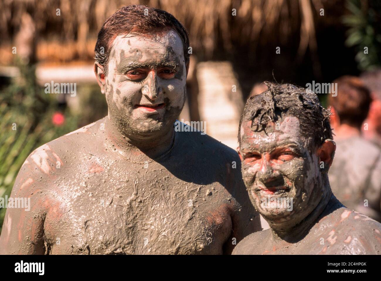 Two men covered in mud Thermal mud baths Ilica Dalyan Delta Turkey