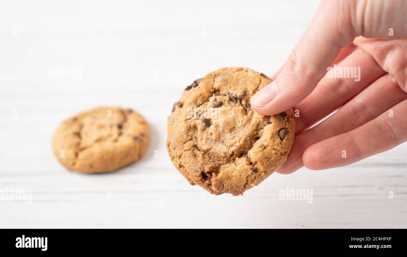 Chocolate chip cookie in hand. Hand holding cookie with chocolate drops on white wooden background. American cookie Stock Photo