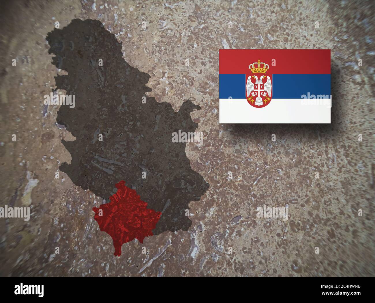 Map of the Republic of Serbia and the Autonomous Province of Kosovo and Metohija, flag of the Republic of Serbia, on a concrete background, 3D illustr Stock Photo