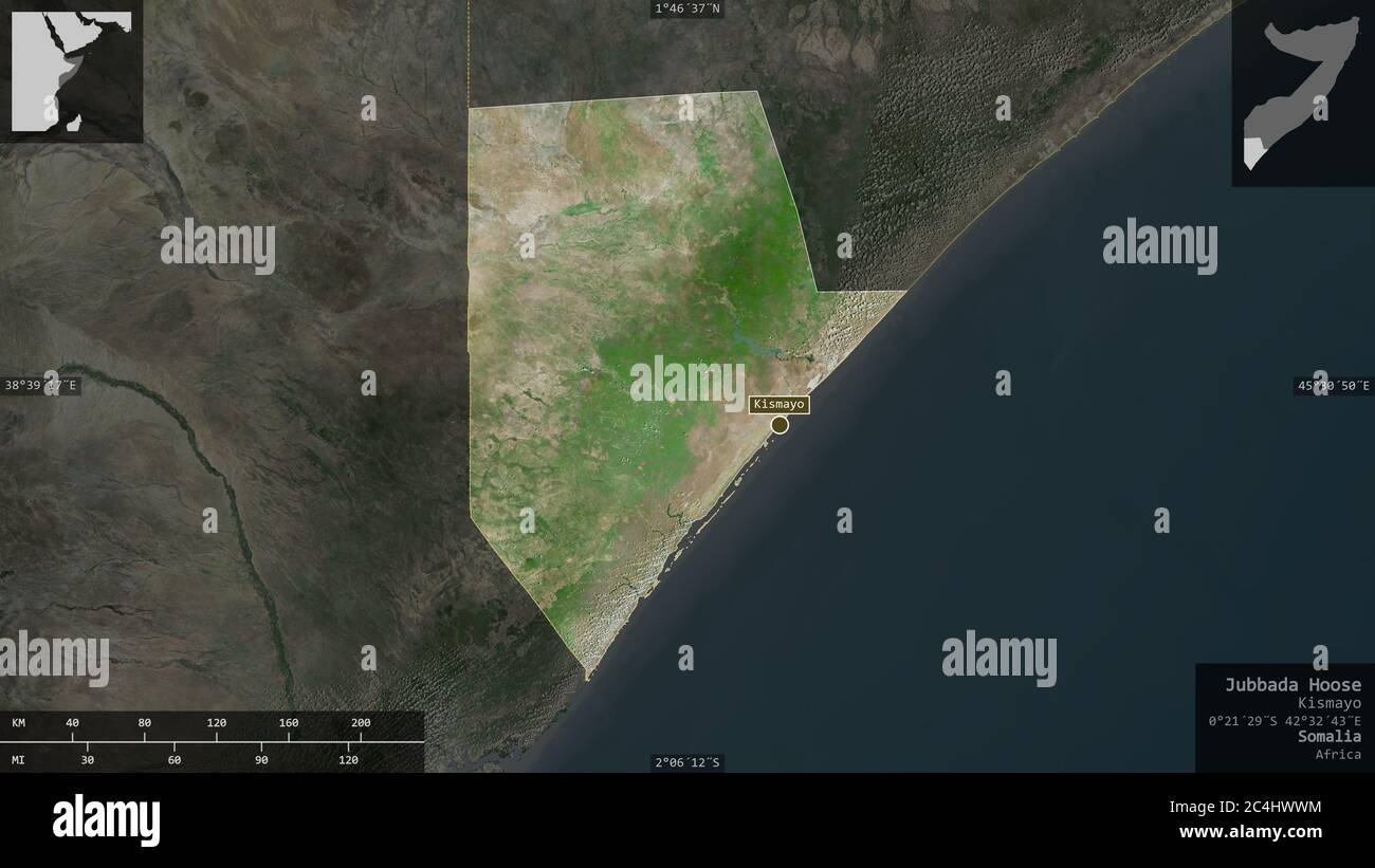 Jubbada Hoose, region of Somalia. Satellite imagery. Shape presented against its country area with informative overlays. 3D rendering Stock Photo