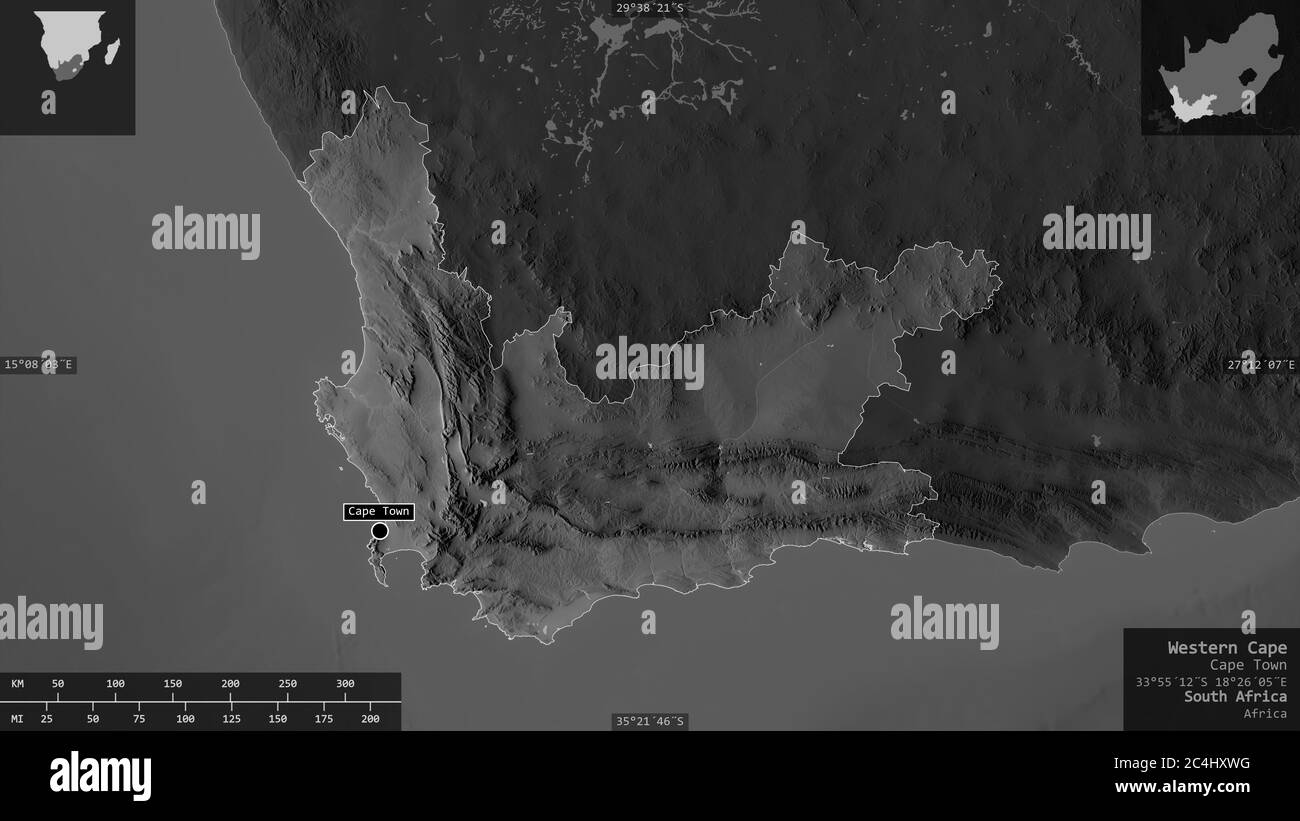 Western Cape, province of South Africa. Grayscaled map with lakes and