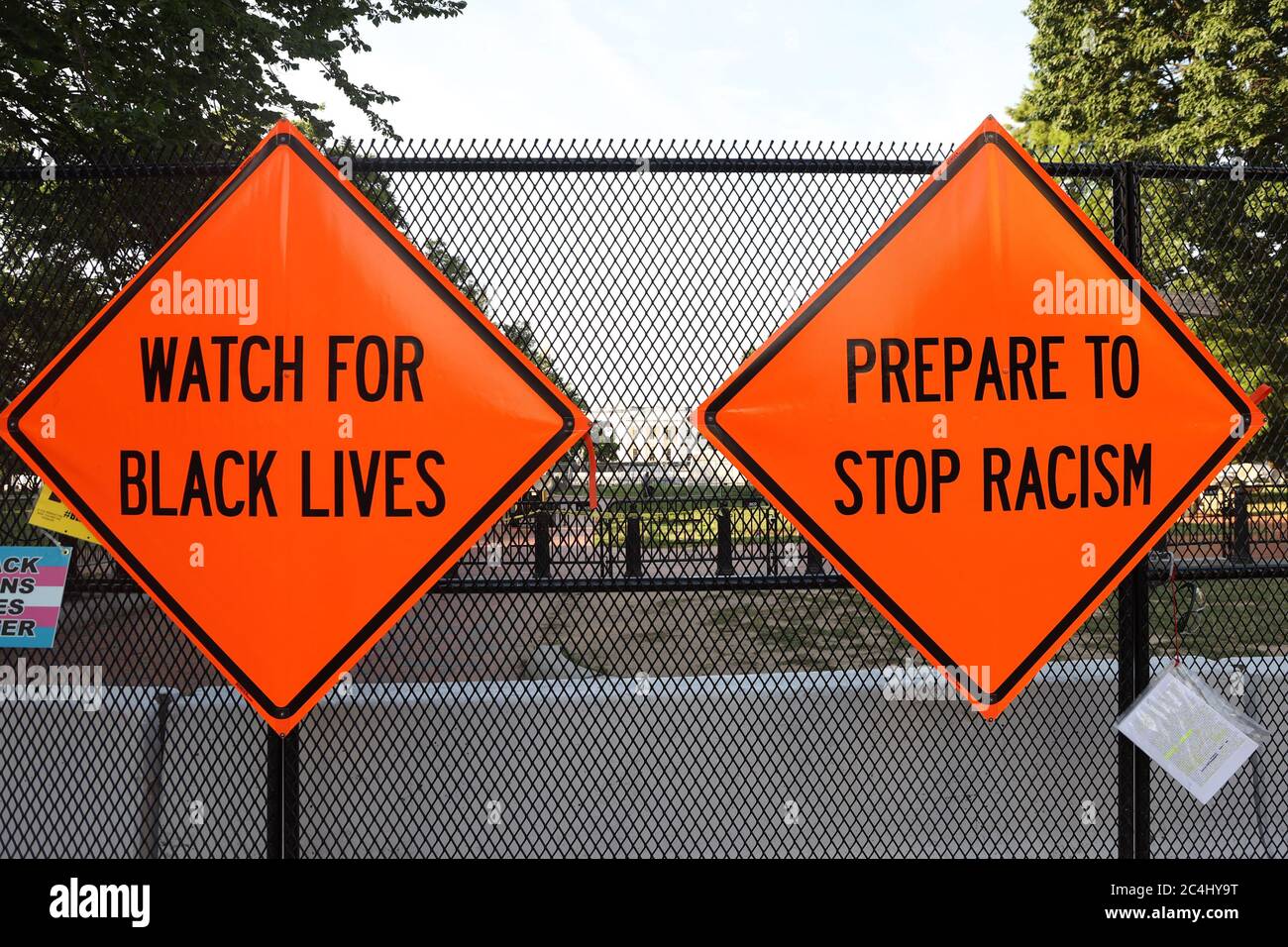 Washington, DC, USA. 27th June, 2020. View Of Black Lives Matters Plaza with signs reading 'Watch For Black Lives' and 'Prepare To Stop Racism' in Advance of Another Busy Weekend in Washington, DC on June 27, 2020. Credit: Mpi34/Media Punch/Alamy Live News Stock Photo