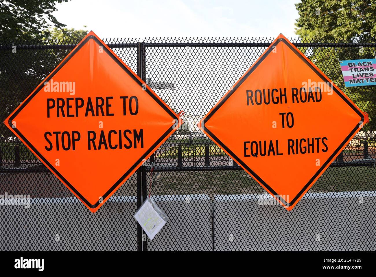 Washington, DC, USA. 27th June, 2020. View Of Black Lives Matters Plaza with signs reading 'Prepare To Stop Racism' and 'Rough Road To Equal Rights' in Advance of Another Busy Weekend in Washington, DC on June 27, 2020. Credit: Mpi34/Media Punch/Alamy Live News Stock Photo