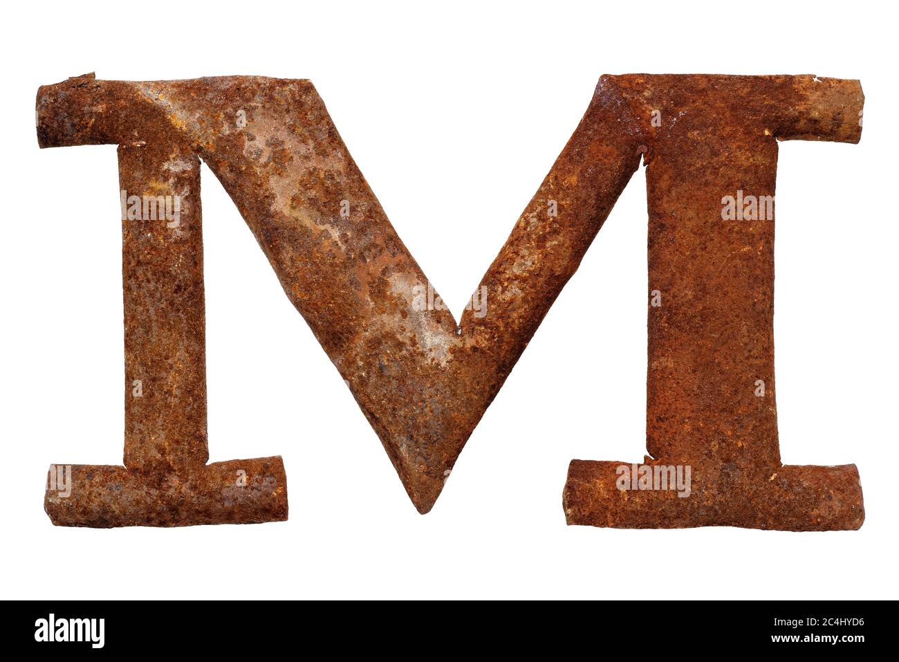 Old rusty metal letter M, isolated on white background Stock Photo