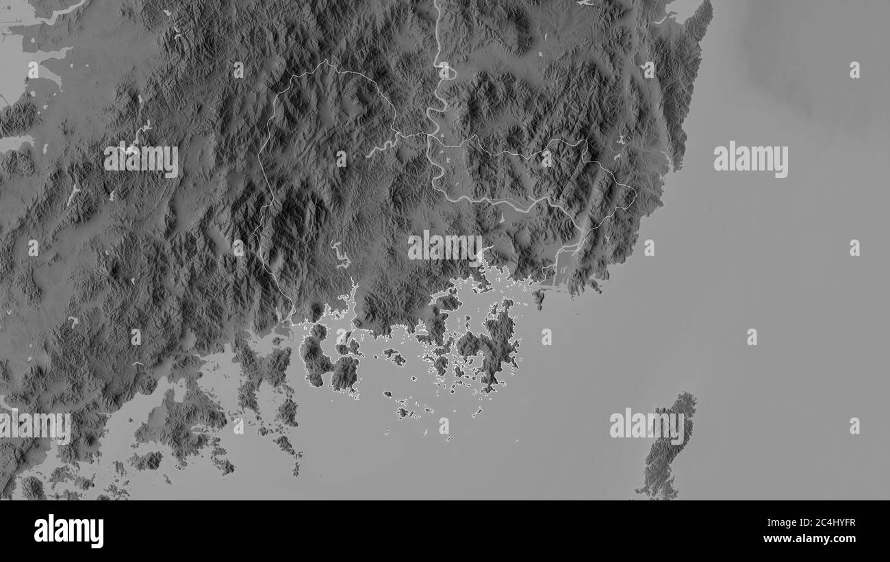 Gyeongsangnam-do, province of South Korea. Grayscaled map with lakes and rivers. Shape outlined against its country area. 3D rendering Stock Photo