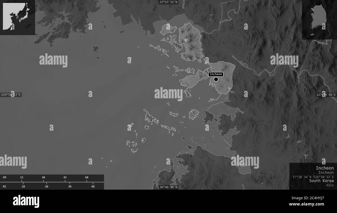 Incheon, metropolitan city of South Korea. Grayscaled map with lakes ...