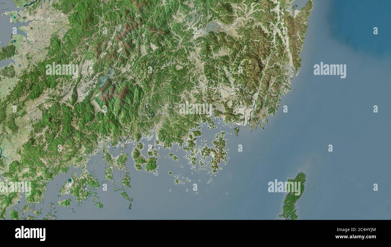 Gyeongsangnam-do, province of South Korea. Satellite imagery. Shape outlined against its country area. 3D rendering Stock Photo