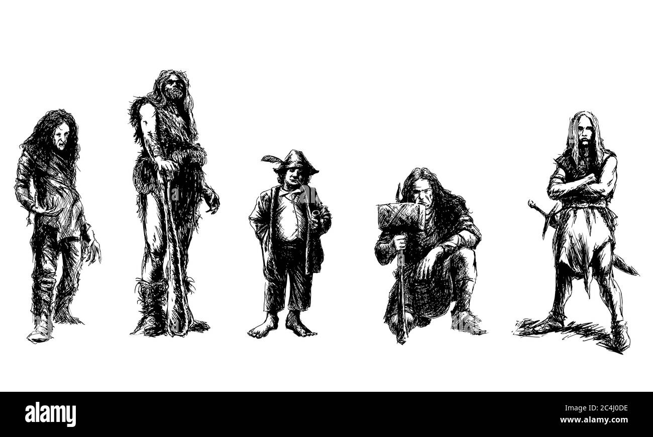 set of fantasy characters - black and white vector illustration Stock Vector