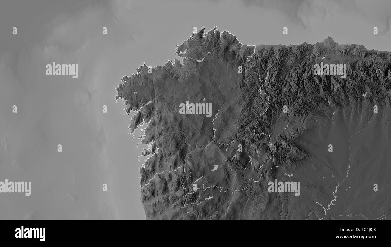 Galicia, autonomous community of Spain. Grayscaled map with lakes and rivers. Shape outlined against its country area. 3D rendering Stock Photo