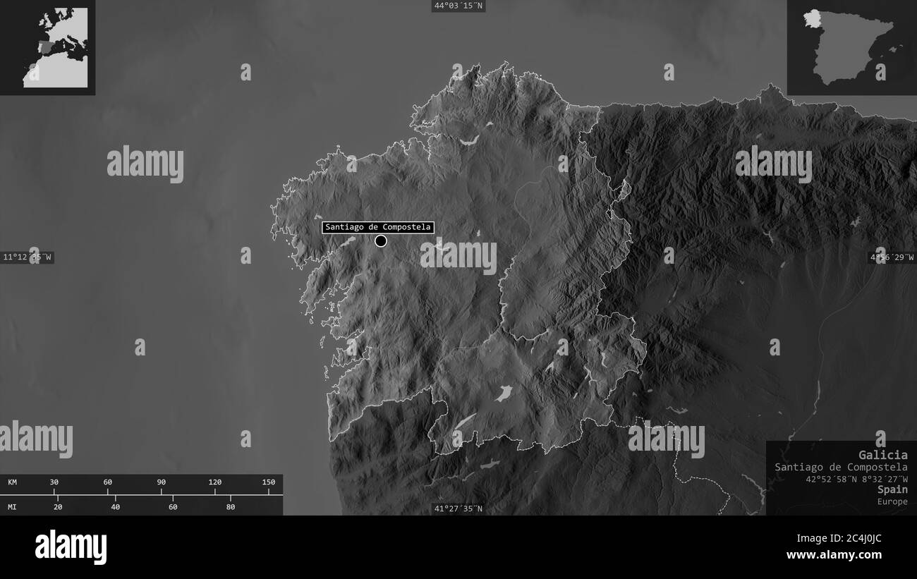 Galicia, autonomous community of Spain. Grayscaled map with lakes and ...