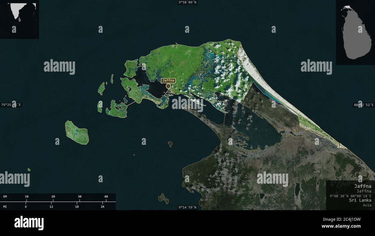 Jaffna, district of Sri Lanka. Satellite imagery. Shape presented
