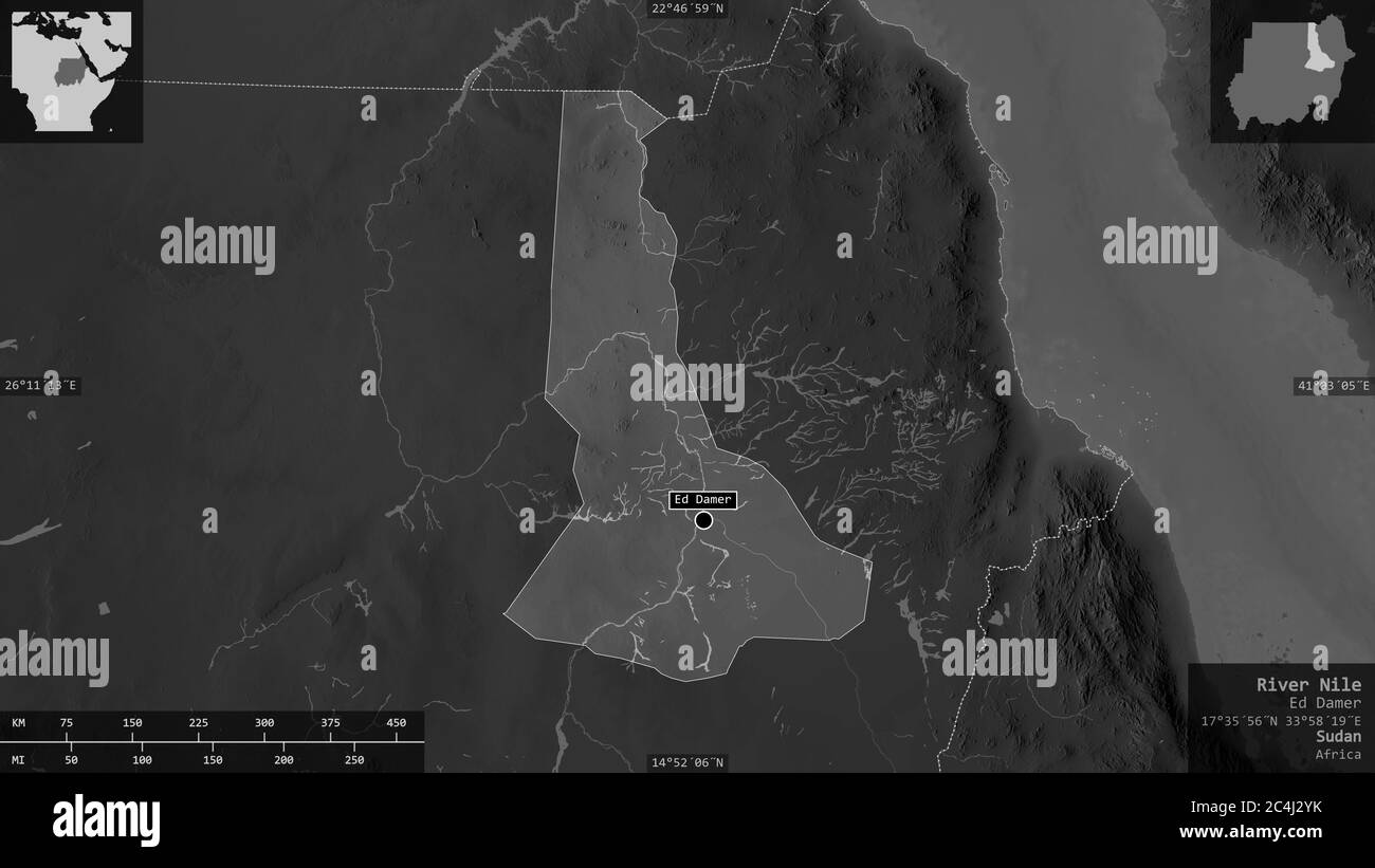 River Nile, state of Sudan. Grayscaled map with lakes and rivers. Shape presented against its country area with informative overlays. 3D rendering Stock Photo