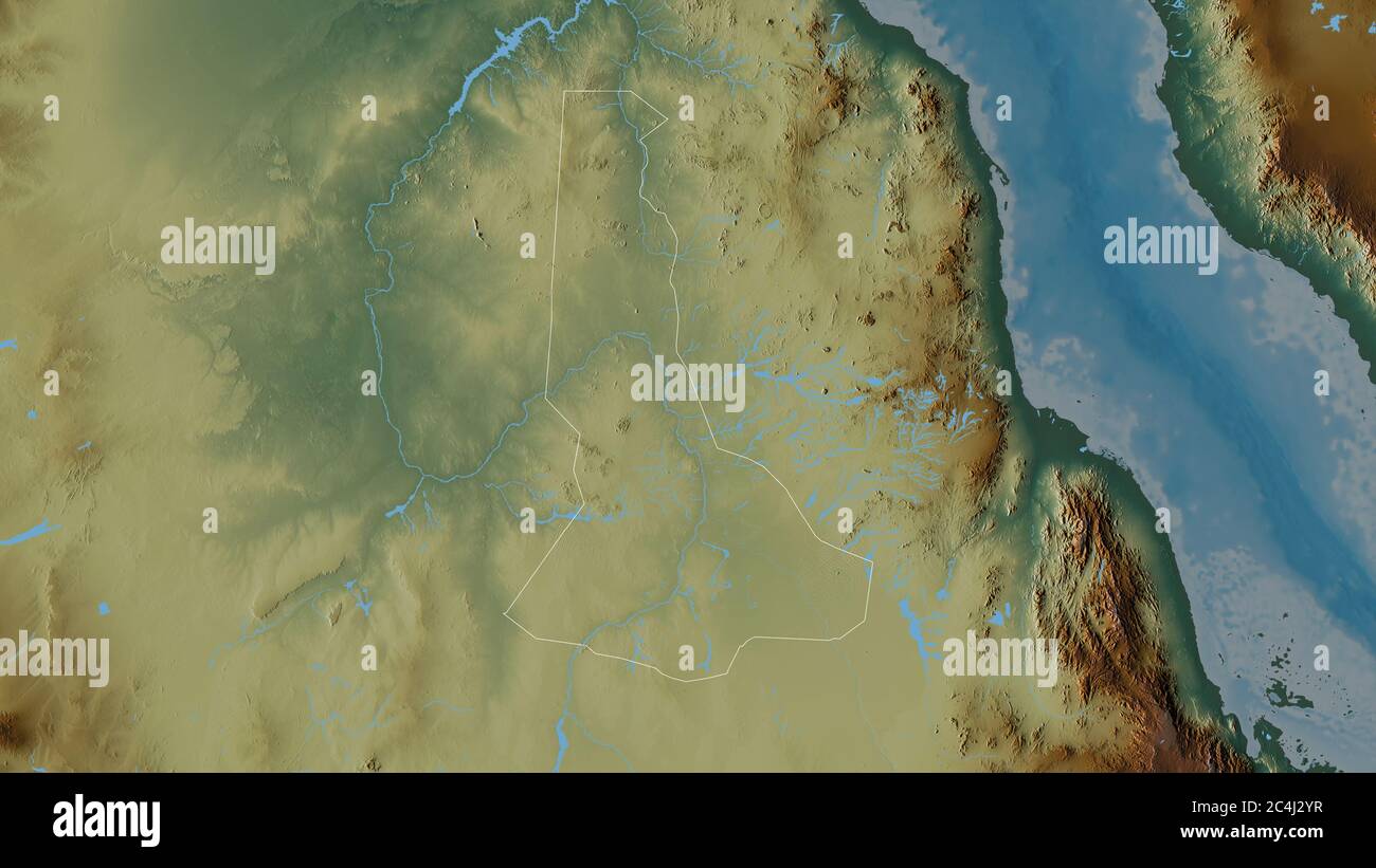 River Nile, state of Sudan. Colored relief with lakes and rivers. Shape outlined against its country area. 3D rendering Stock Photo