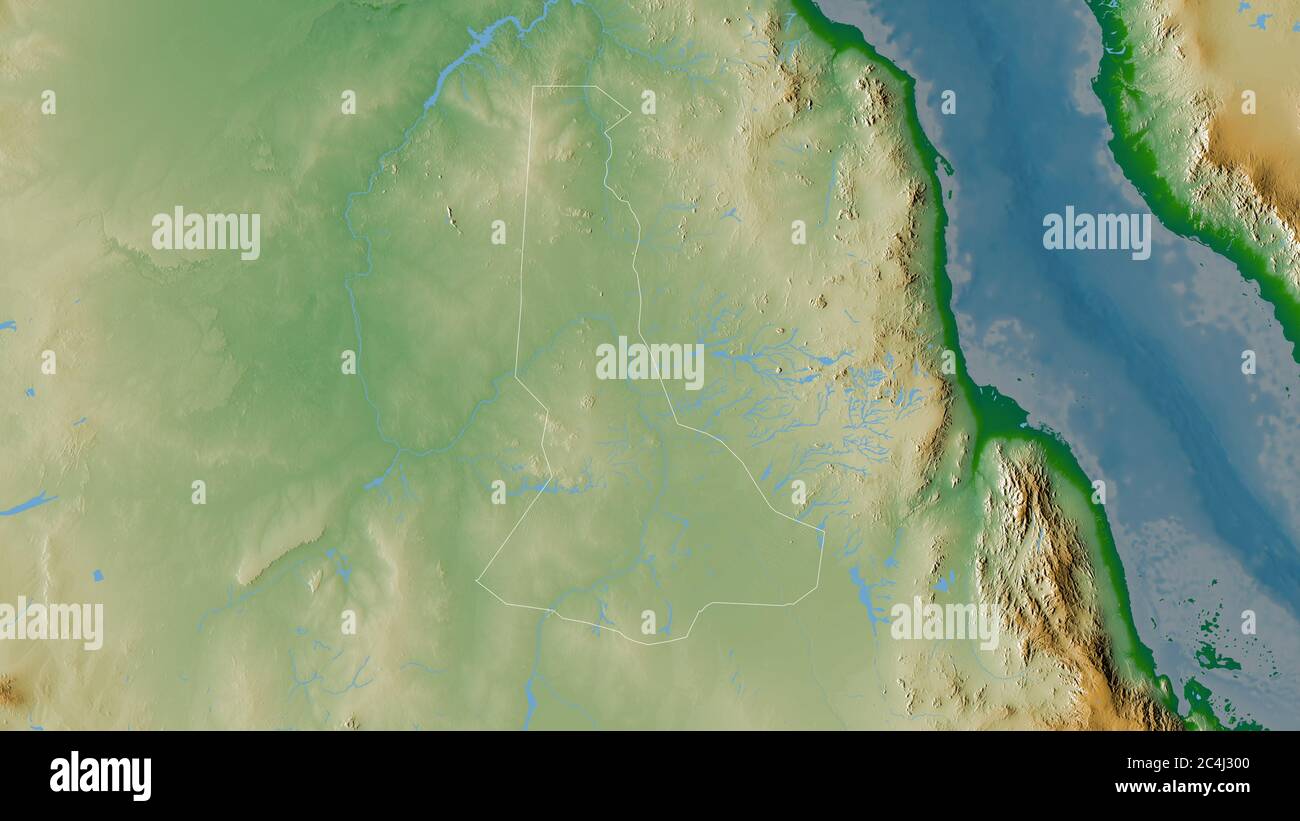 River Nile, state of Sudan. Colored shader data with lakes and rivers. Shape outlined against its country area. 3D rendering Stock Photo