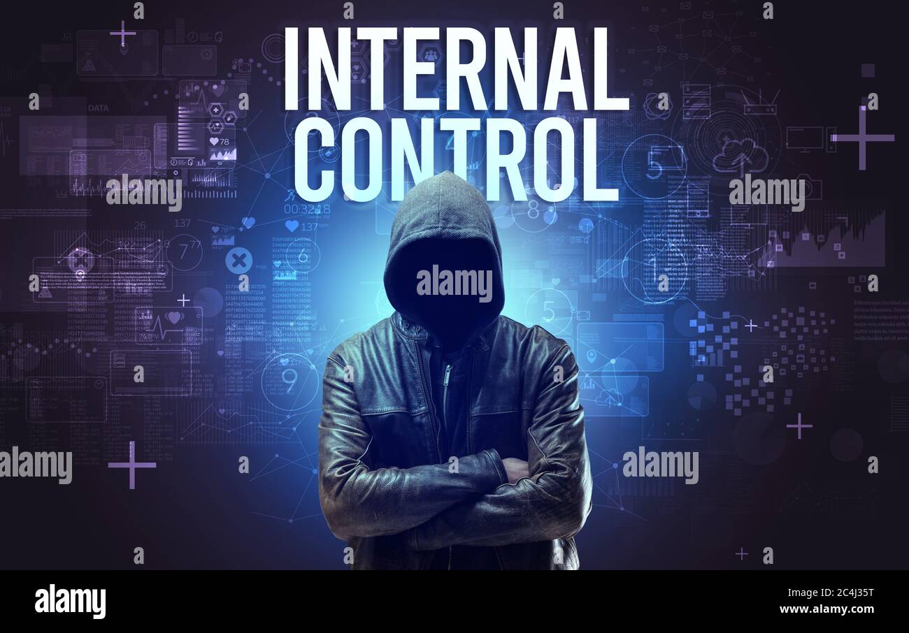 Faceless man with INTERNAL CONTROL inscription, online security concept Stock Photo