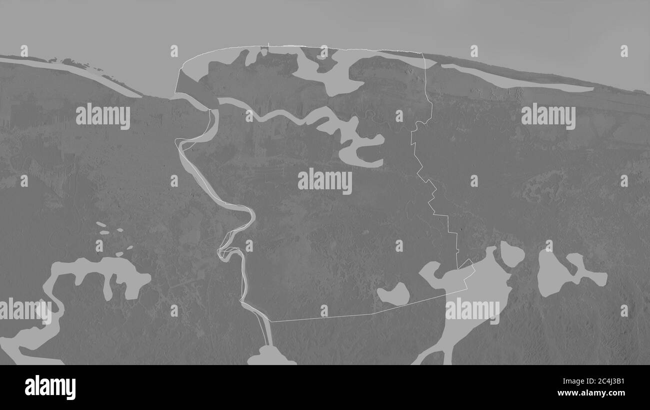 Commewijne, district of Suriname. Grayscaled map with lakes and rivers ...