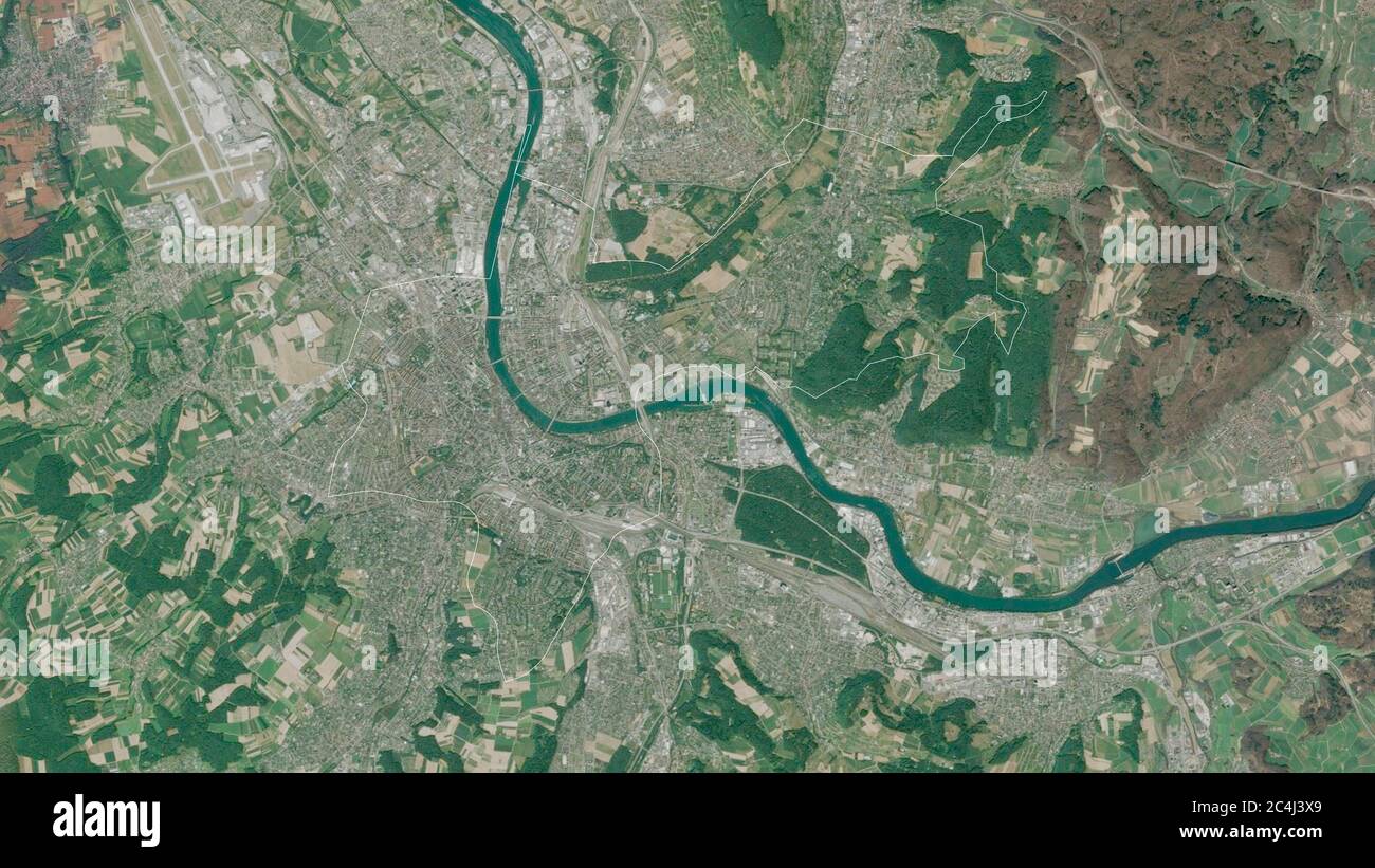 Basel-Stadt, canton of Switzerland. Satellite imagery. Shape outlined against its country area. 3D rendering Stock Photo